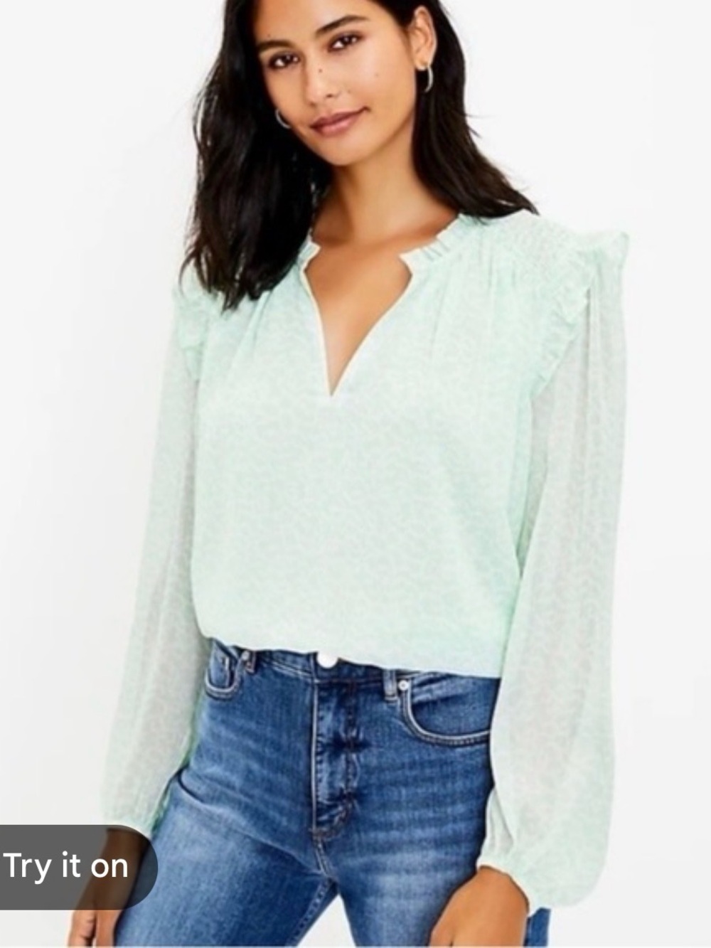 LOFT Mint Green Ruffle V-Neck Sheer Long-Sleeve Blouse